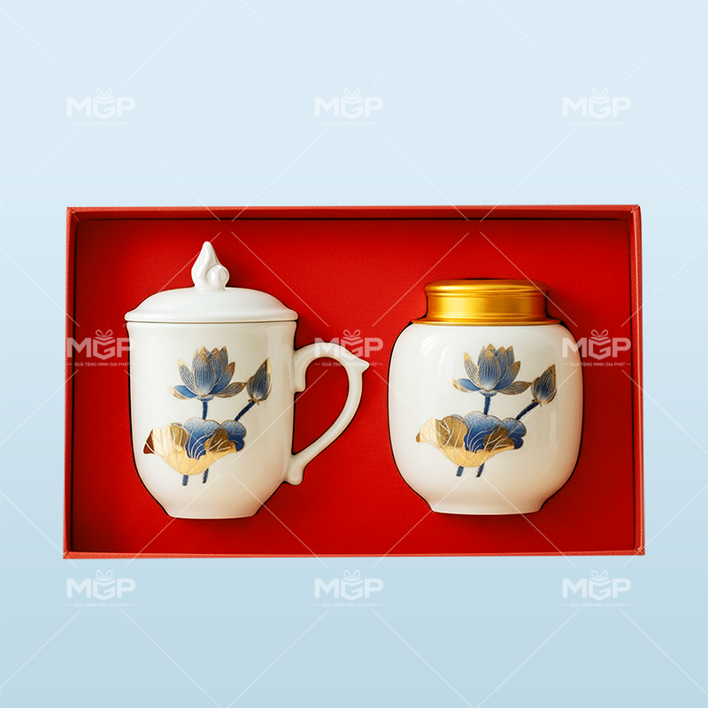 Combo ly sứ và hũ trà sen xanh - MGPLS28 1 Combo ly sứ và hũ trà sen xanh