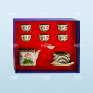 Giftset bộ trà vuông vẽ sen gốm sứ Bát Tràng cao cấp