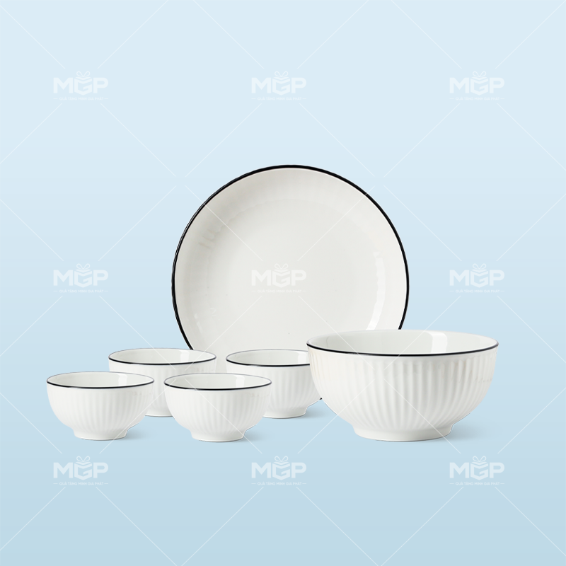 Bộ bát đĩa 6 món sọc chỉ xanh - MGPBD62 1 Bộ bát đĩa 6 món sọc chỉ xanh