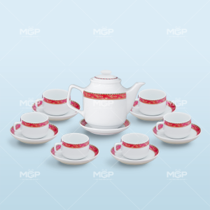 Set bình trà vuông cao họa tiết hạc đỏ