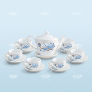 Set ấm trà vai vuông vẽ sen xanh
