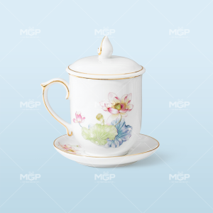Ly sứ ngọn lửa sen hồng kẻ vàng