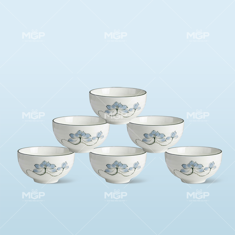 Bộ 6 chén men kem vẽ sen xanh - MGPBD13 1 Bộ 6 chén men kem vẽ sen xanh