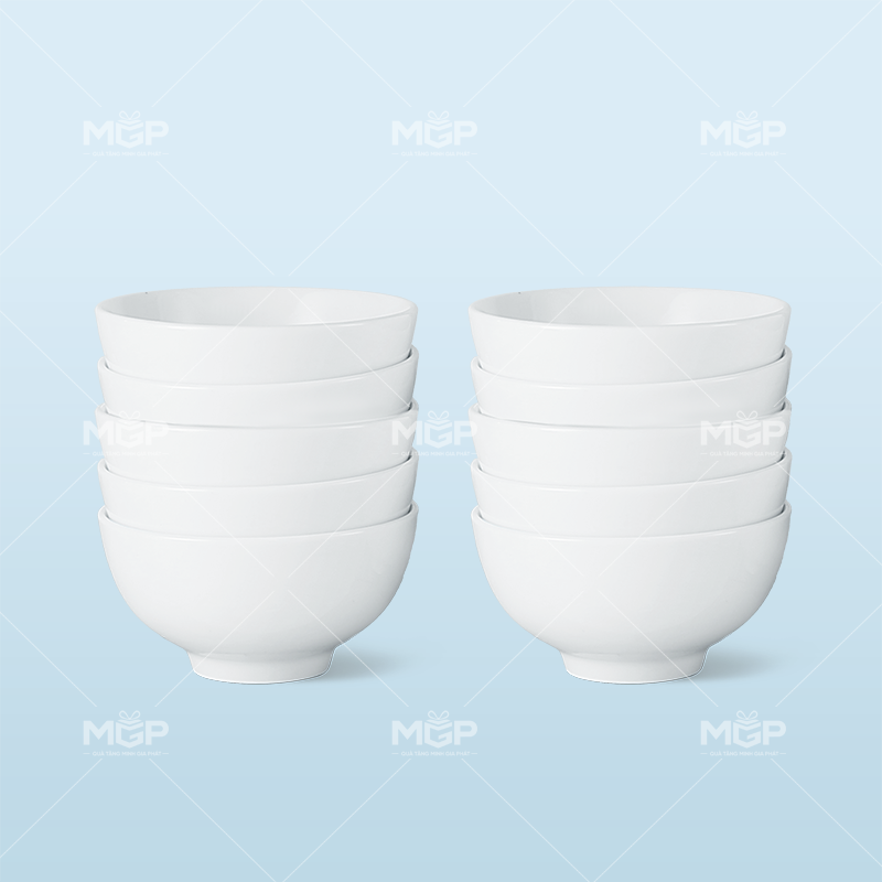Bộ 10 chén ăn cơm sứ trắng trơn - MGPBD19 1 Bộ 10 chén ăn cơm sứ trắng trơn