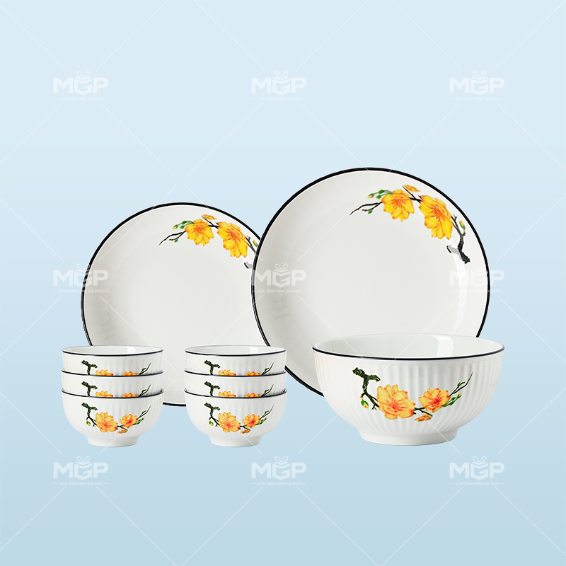 Bộ bát đĩa 9 món sọc chỉ hoa mai - MGPBD35 1 Bộ bát đĩa 9 món sọc chỉ hoa mai