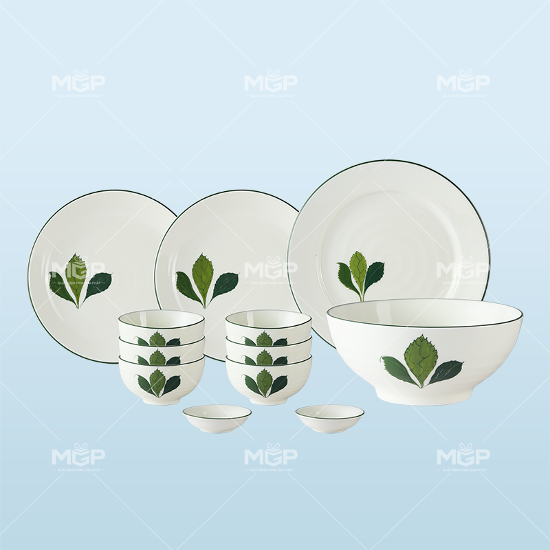 Set bàn ăn 12 món họa tiết 3 lá - MGPBD50 1 Set bàn ăn 12 món họa tiết 3 lá
