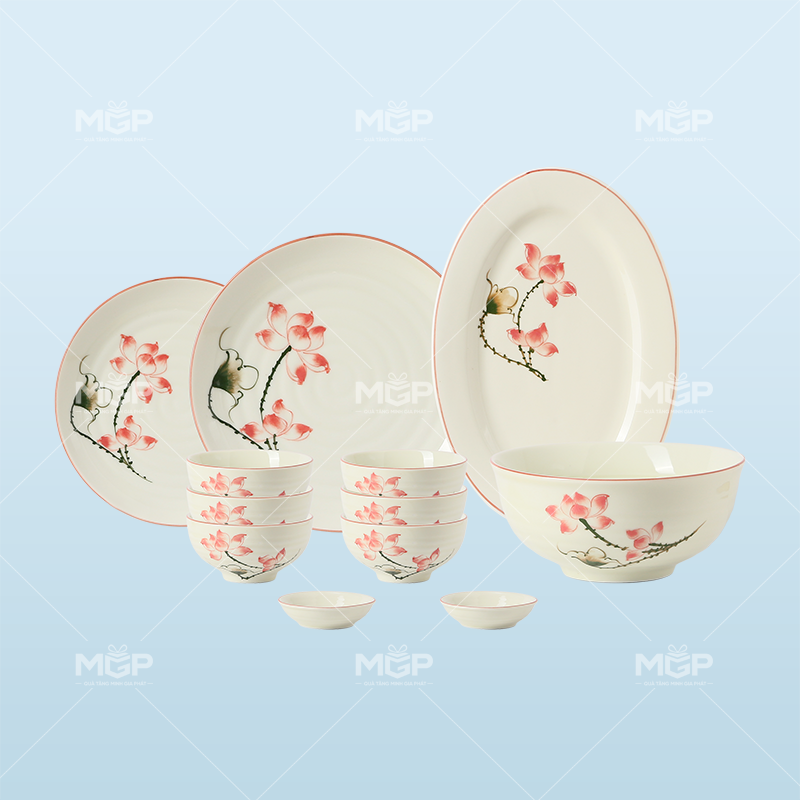Bộ đồ ăn 12 món họa tiết sen hồng - MGPBD49 1 Bộ đồ ăn 12 món họa tiết sen hồng