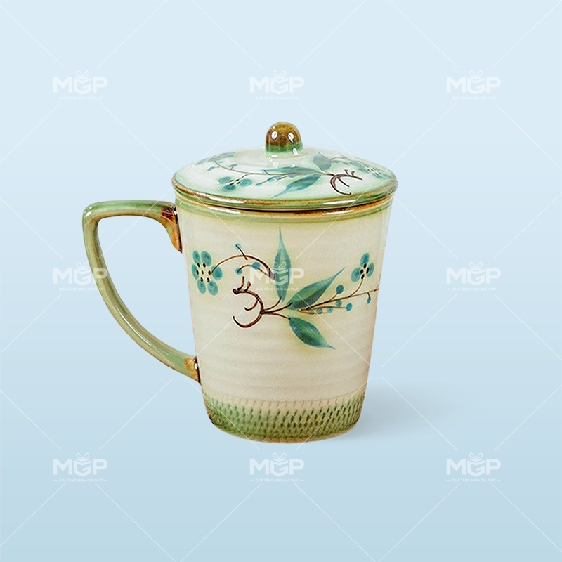 Ly sứ vẽ tay chuồn trúc kèm nắp - MGPLS18 1 Ly sứ vẽ tay chuồn trúc kèm nắp